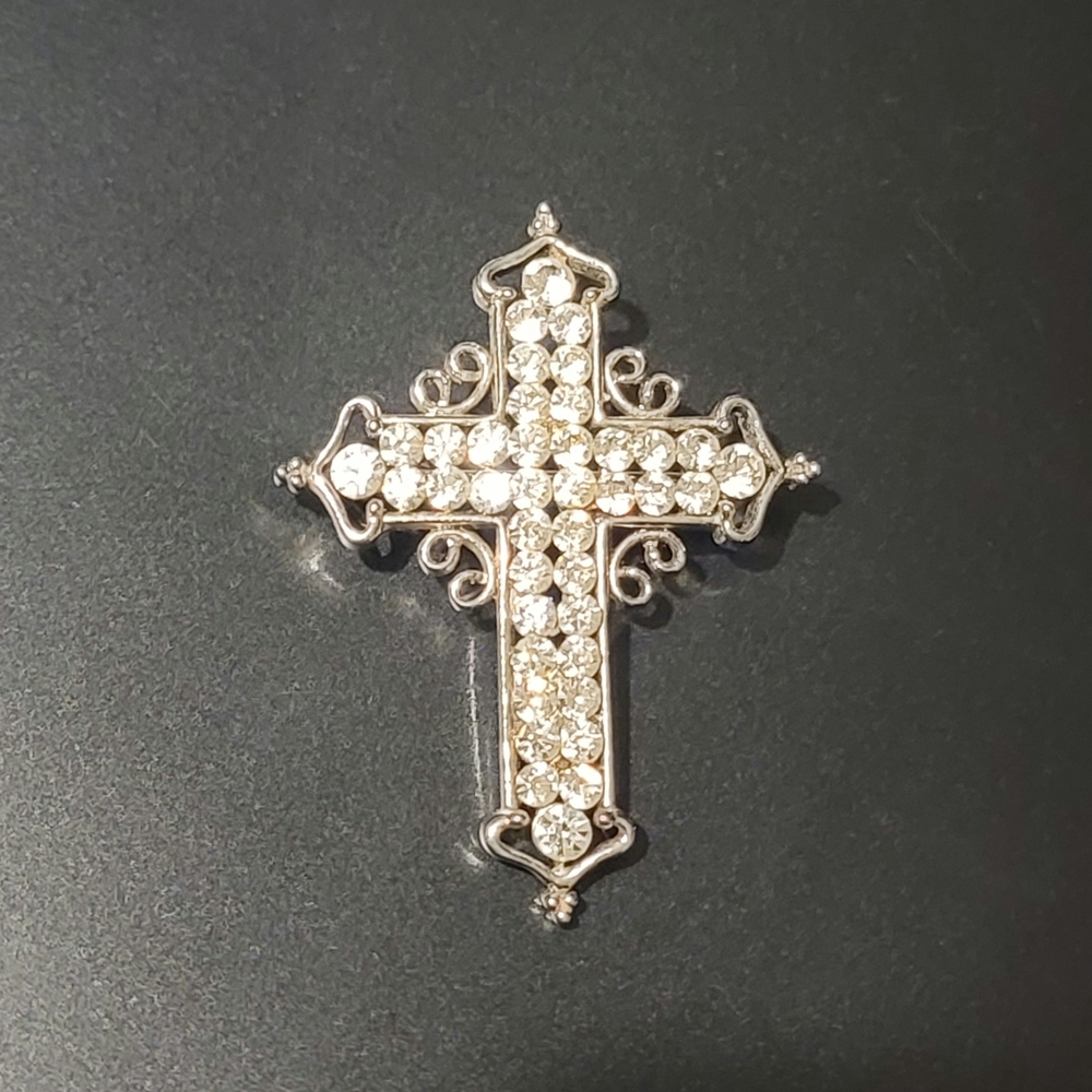 Elegant Silver Cross Brooch with Crystal Accents